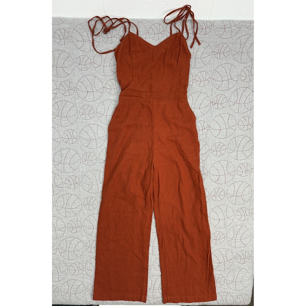 Abercrombie‎ & Fitch Jumpsuit Rust Linen Blend Tie Strap Smocked / Womens XS